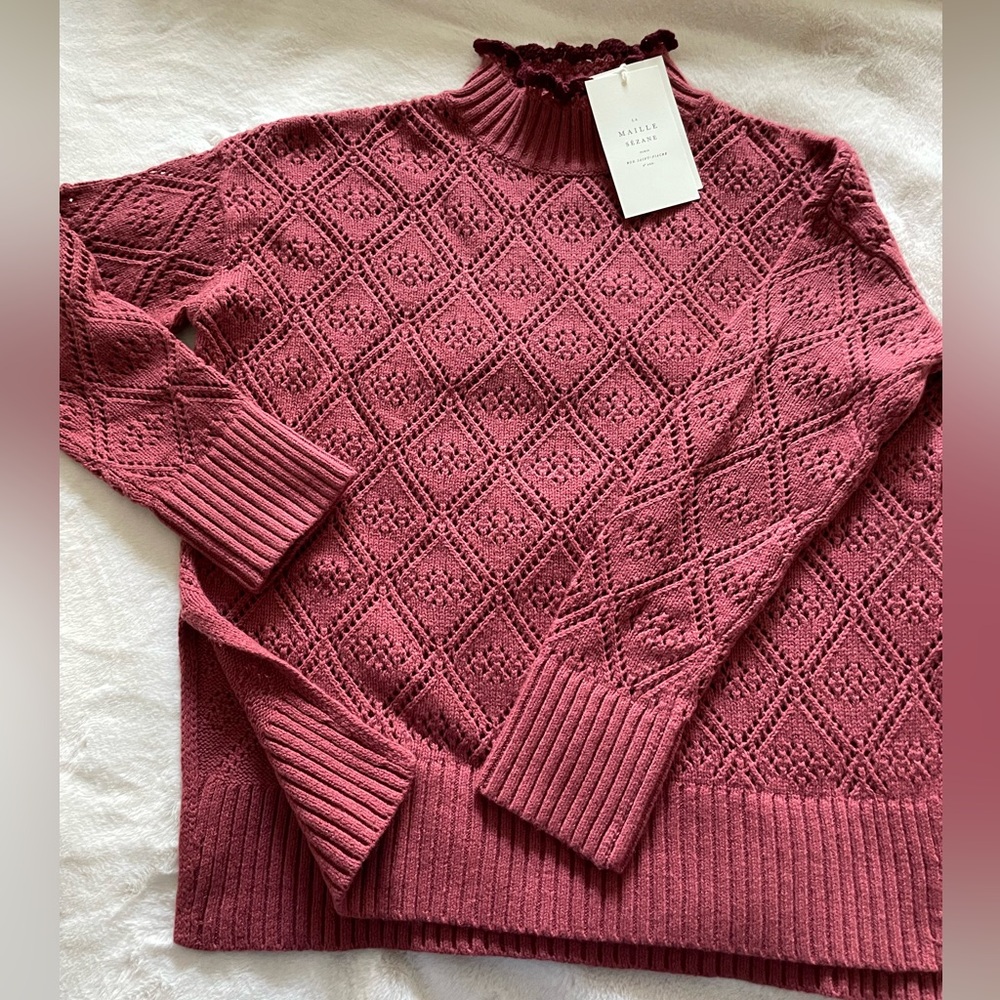 SEZANE Ribbed Mock Neck Openwork Sweater - Rosewood